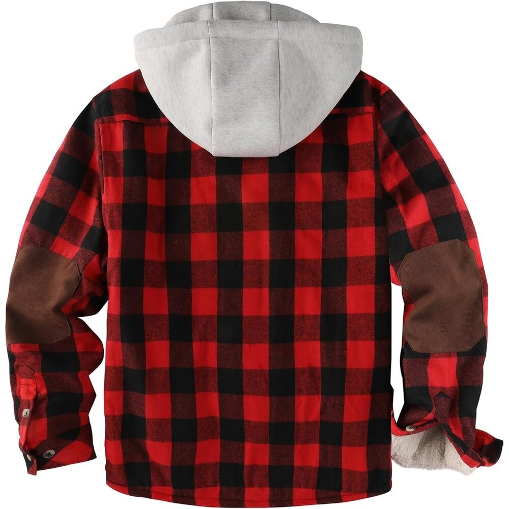 Mens Hooded Red Black Sherpa Line Plaid Flannel Jacket Warm Winter Fleece Coat. - Picture 3 of 6